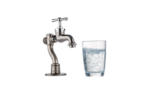 A metallic faucet mounted on a base, releasing sparkling water into a clear glass filled with bubbles png