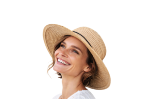 A cheerful woman with a slightly different pose, her straw hat complementing her casual, sunny demeanor in a light, minimalist setting png