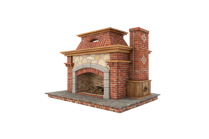 A large brick-and-stone fireplace with a central chimney, wooden trim, and decorative patterns, blending aesthetics with practical heating png