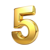 3D Golden Number five with Metallic Reflection and Shiny Font Design, Five 3d gold png