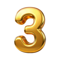 3D Golden Number three with Metallic Reflection and Shiny Font Design, Three 3d gold icon png