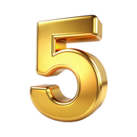 3D Golden Number five with Metallic Reflection and Shiny Font Design, Five 3d gold icon png