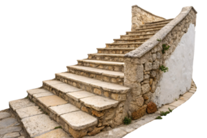 A stone staircase with greenery creeping along its edges, set against white stucco walls, showcasing rustic elegance png