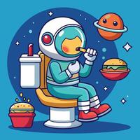 Astonishing Cartoon Scene of an Astronaut Enjoying a Burger in an Unusual Location the Toilet vector