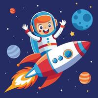Adorable Astronaut Joyfully Soaring Through Space on a Rocket vector