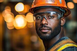 Close-up portrait of a male african worker wearing a helmet and safety glasses, working at a factory or power plant with evening lighting. Generated by artificial intelligence photo