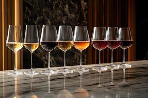 A row of glass goblets containing different types of wine are displayed for tasting on a marble bar counter. Generated by artificial intelligence photo