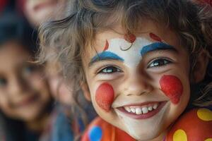 Portrait of cute smiling boy with clown makeup on his face surrounded by other children. Generated by artificial intelligence photo