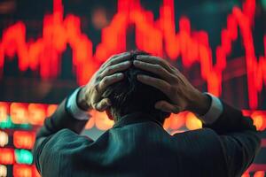 In the foreground, a blurred silhouette of a man is seen holding his head in his hands against the backdrop of a stock market chart displaying a fluctuating red trend line. photo