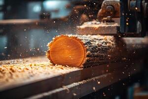 The process of sawing a log at a sawmill. Close-up of a log and flying sawdust. Generated by artificial intelligence photo