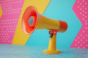 A yellow and orange megaphone is placed on a table with a bright colored background. Concept of speech, announcement, advertising. photo