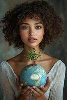 Mother Earth Day or protection of the environment of the globe. Saving the planet. A dark-skinned curly-haired woman holds a globe with a tree sprout in her hands. photo