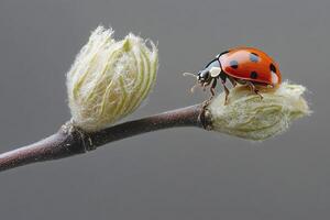 Macro shot of a red ladybug crawling on young buds on a tree branch. Generated by artificial intelligence photo