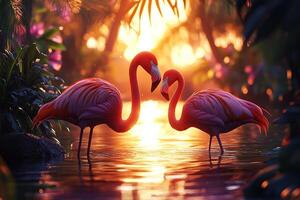 A pair of pink flamingos stand in the water in the tropics at sunset. Generated by artificial intelligence photo