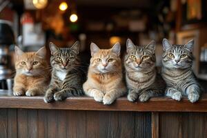 Stray cats sit on a wooden bar counter at an outdoor cafe in summer. Generated by artificial intelligence photo