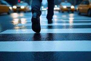 A blurred background of a busy evening street captures the legs of a pedestrian crossing a crosswalk. Generated by artificial intelligence photo