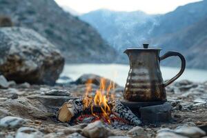 A pot near a fire against a blurred mountain landscape. Life in the wild, hiking in the mountains. Generated by artificial intelligence photo