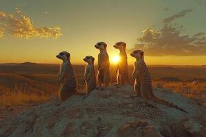 A small group of meerkats stands on their hind legs on a large rock in the savannah at dawn or dusk. Generated by artificial intelligence photo