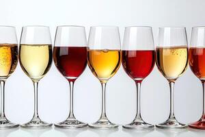 Red, pink and white wine in glasses on white background, side view. Wine bar, shop, winery, wine tasting concept. Generated by artificial intelligence photo