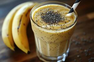 A glass of smoothie with banana and chia seeds. Healthy eating concept. Generated by artificial intelligence photo