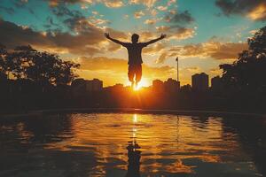 Silhouette of a young man jumping over the surface of a pool or puddle. Concept of freedom, ease, life. Generated by artificial intelligence photo