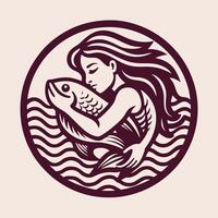 Woman Embracing a Fish in Tranquil Waters with Black Silhouettes vector