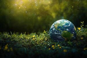 Model of the globe lies in green grass with green bokeh background. Environment and planet conservation concept. photo