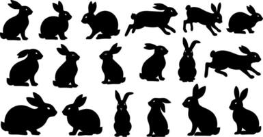 Silhouettes of Easter bunnies isolated on a white background. Set of different rabbits silhouettes for design use vector