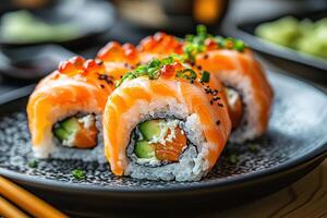 A beautifully presented platter of sushi rolls and herbs, elegantly served on a black plate. Generated by artificial intelligence photo