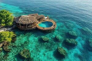 Overwater bungalow at luxury resort with ocean views. Summer vacation. Generated by artificial intelligence photo
