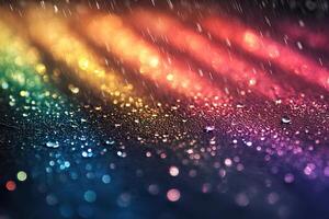 Abstract nature background with raindrops on wet asphalt in rainbow rays of light. Generated by artificial intelligence photo