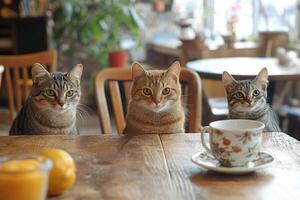 Three cats are sitting at a wooden table in a cafe. The cafe is animal-friendly. Generated by artificial intelligence photo
