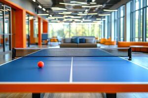 A blue table tennis table stands in a modern office space, serving as both a place to relax and a stylish design element. The concept of relaxation at work to improve employee productivity. photo