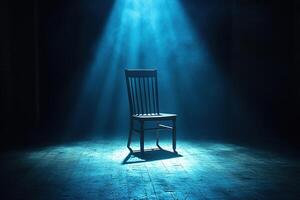 An empty wooden chair is illuminated by a bright beam of light from above, located in an empty dark room. Generated by artificial intelligence photo