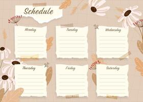 Weekly Schedule Planner template with torn paper sections for each day, with floral and leaf elements, ideal for personal organization, school planning,digital journaling.Vintage Weekly Planner. vector