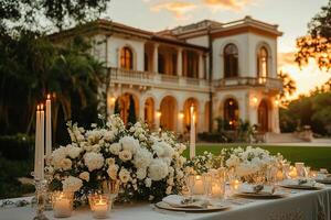 Wedding catering with white flowers and candles in front of an elegant mansion at sunset. The architecture of the house and the lush gardens create a romantic atmosphere to celebrate love. photo