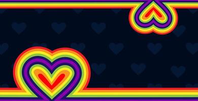 LGBTQ Pride Border with Colorful Heart.Dark background banner with rainbow heart border and subtle heart pattern, for pride events, social media headers, inclusive digital content. illustration vector