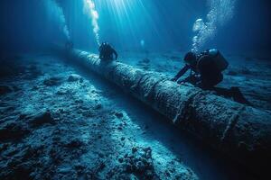 The pipeline on the seabed is serviced by divers. Concept of transportation of oil and gas products. Generated by artificial intelligence photo