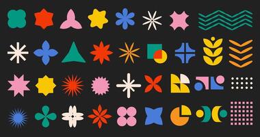 Colorful abstract flower and geometric shape icons in retro modern and neo brutalist style set on a dark background,for bold design, branding, web elements, and decorative graphics. illustration vector