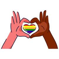 Two diverse hands forming a heart shape around a rainbow pride heart Pride month concept, for equality campaigns, LGBTQ support graphics,inclusive branding, emblem,fashion print . illustration vector