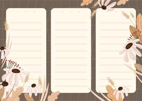 Editable notepad template with three lined sections and floral decorations on a neutral abstract grid background, ideal for to-do lists, planners, journaling, digital stationery. illustration vector