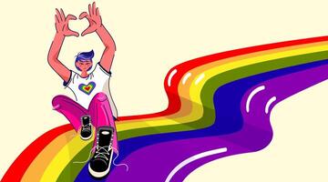 LGBTQ Person Making Heart Sign on Rainbow Slide.Pride Celebration Character Sliding on Rainbow Path. Pride event poster,web banner, social media, awareness campaigns,inclusive educational . vector