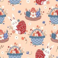 Seamless pattern with a bunny and Easter eggs and a basket. illustration vector