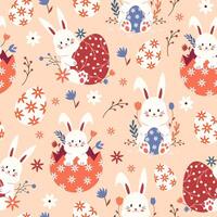 Seamless pattern with Easter eggs and a bunny and spring flowers. illustration vector