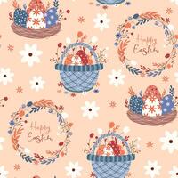 Seamless pattern with Easter elements, a basket and a nest with eggs. illustration vector