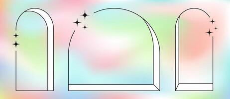 Line abstract frames, arch windows with blinks, decorative graphic elements on the vivid colorful blended background. sticker set, print, tattoo collection. vector