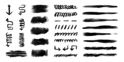 Oil paint stains, strokes and arrows in black grunge brush, abstract freehand drawings, and decorative stickers, dividers, lines, curves. Shapes and borders. design elements. vector