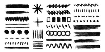 Charcoal scribbles and doodles in black line, abstract freehand brush drawings, design elements and decorative stickers, dividers, lines, curves. Shapes and borders. art. vector