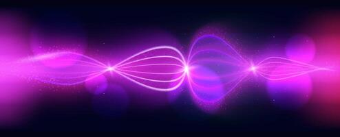 Abstract purple background with glowing lines of light curling with sequins and blinks sparse around with bokeh. Cosmic banner and cover. illustration. vector