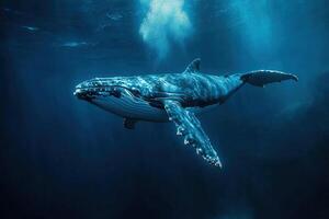 Underwater photo of a whale swimming calmly in the ocean. Humpback whale underwater. Generated by artificial intelligence